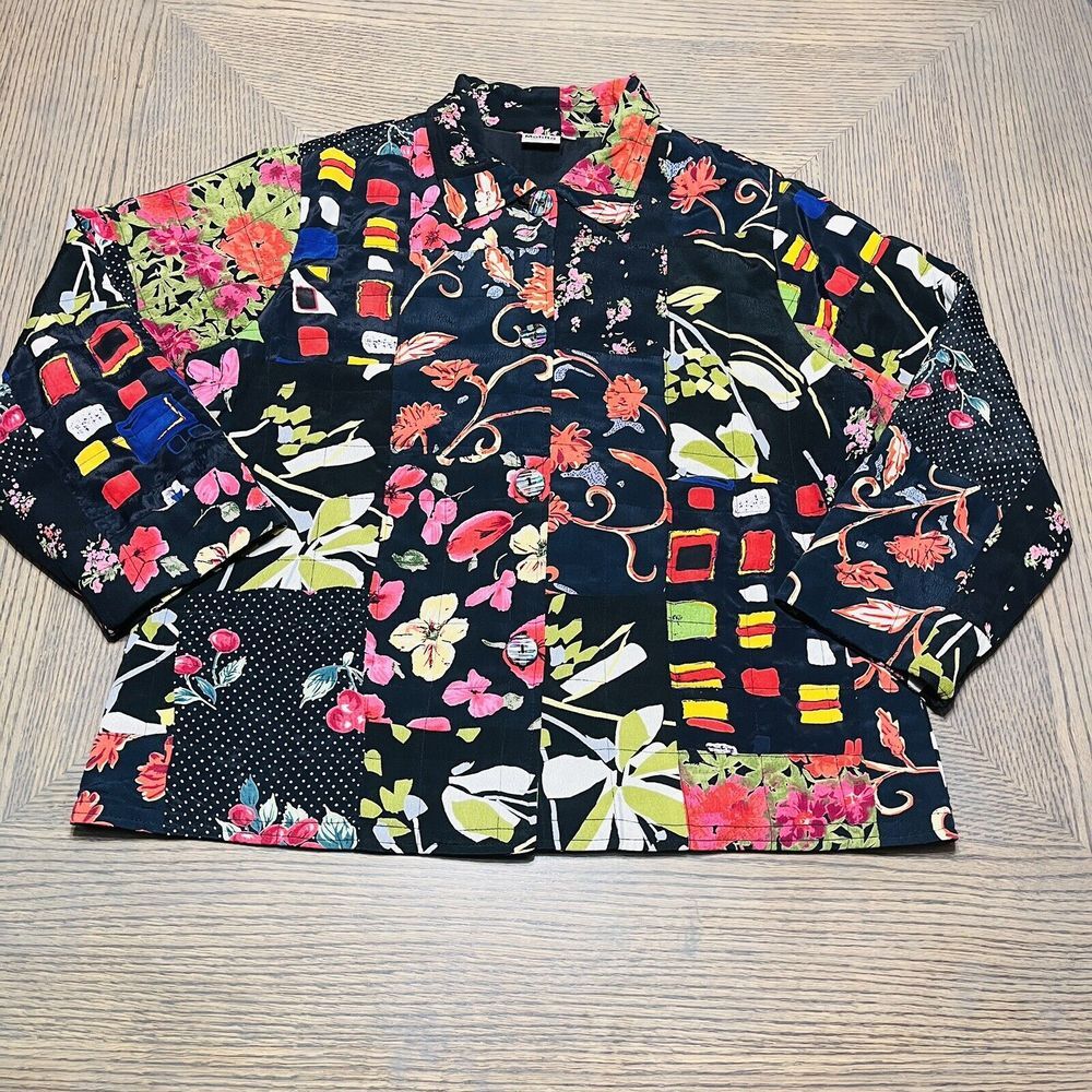 Mohito Womens Button Up Top Jacket Black Colorful Patchwork Crepe 3/4 Sleeve XL